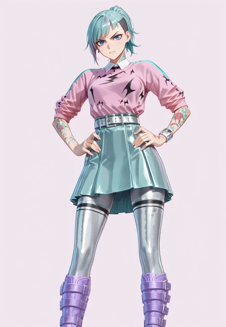 standing, simple background, hands on hips, from below, looking at viewer,
1girl, solo, TwynPastelStrider, short hair, multicolored hair, aqua hair, ponytail, blue eyes, earrings, tattoo, pink shirt, skirt, belt, silver thighhighs, knee boots, purple footwear, bracelet, angry, ((skinny)),
absurdres, masterpiece, best quality, very aesthetic, anime, 748cmstyle,