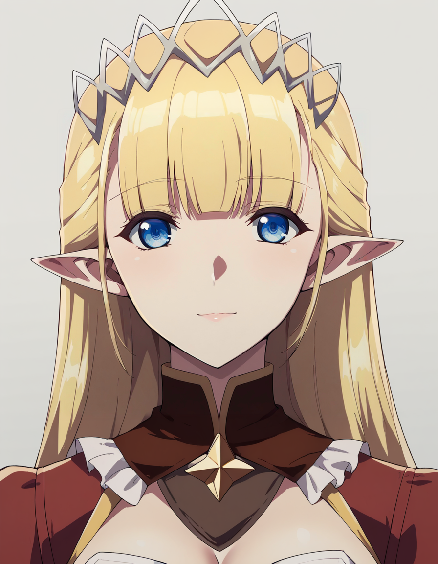 score_9, score_8_up, score_7_up, source_anime,
1girl, solo, looking at viewer, simple background, light smile, upper body
seras ashrain, blonde hair, long hair, blunt bangs, tiara, pointy ears, blue eyes,
red knight outfit, red collar, juliet sleeves, long sleeves, white gloves, cleavage, breast cover, corset,
<lora:seras_ashrain_anime_v2-soralz:1>