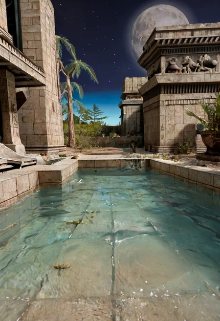 score_9, score_8_up, score_7_up, BREAK, RAW, photo, 8k, very sharp, very detailed, realistic, real, hyper realistic, Photorealistic, real photo, no people, no humans
distant structures, sky, stars, moon, tiles, tomb, sand, plants, pond, trees, stone wall, tiles, from below,
<lora:Unreal Tournament 2004 - Facing Worlds - Sun Blade_epoch_12:0.7> facing3worlds,