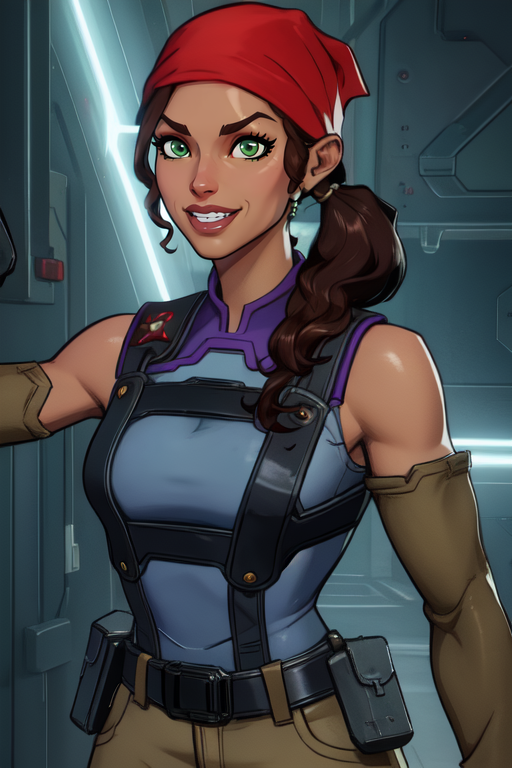 Fortune,low ponytail,  green eyes, brown hair, braid,
red bandana, purple shirt, tactical gear, gloves, pants, belt, 
standing,upper body, looking at viewer,  smile,  teeth, 
secret base,   happy, 
(insanely detailed, beautiful detailed face, masterpiece, beautiful detailed eyes, best quality),
 <lora:Fortune-10v3:0.8>
