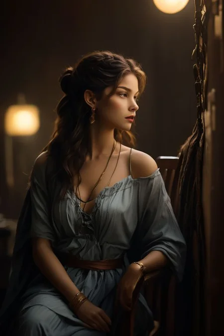 hyperrealistic art, bellissima, 1girl, In the shadowy stillness of a dimly lit room, sits on a worn leather chair. A single lamp, with its golden hue, casts a slender beam of light across her profile, revealing a delicate balance of light and shadow. The soft glow catches the edge of her jawline, tracing a graceful curve toward her ear. Her hair, dark and cascading, absorbs much of the light, except for a few strands that shimmer like threads of copper.