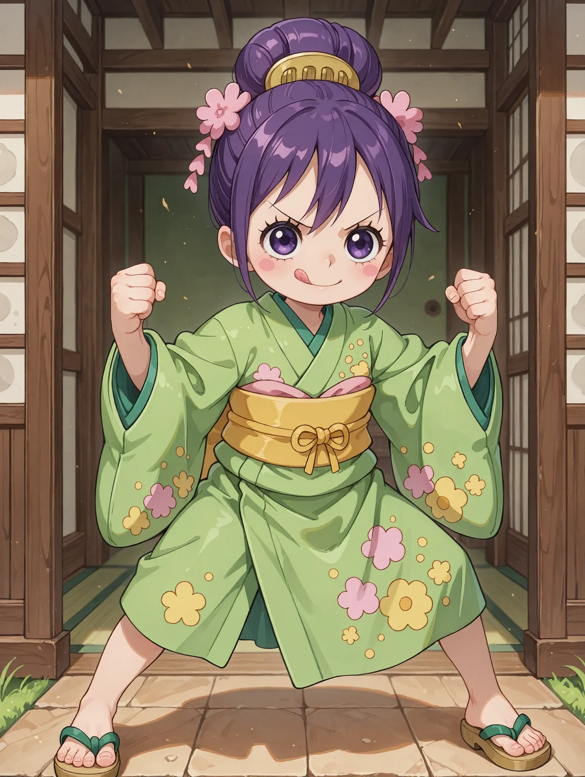 ultra-detailed, ultra-detailed background, ultra-detailed eyes, hair between eyes, 1girl, <lora:Tama_Kurozumi_-_One_Piece__Illustrious:0.8>, child, purple hair, shimada hairstyle, hair bun, purple eyes, eyelashes, one piece wano style, hair ornaments, pink cheeks, green kimono, yellow sash, patched kimono, japanese sandals, loose clothes, standing, fighting stance, spread feet, detailed toes, v-shaped eyebrows, licking lips, clenched hands, <lora:hand 5.5_903007:0.1>, well-defined fingers, ultra-detailed fingers, <lora:illustriousXL_stabilizer_v1.7_1135253:0.1>, <lora:spo_sdxl_10ep_4k-data_lora_webui_482964:1>, <lora:Hyper-SDXL-8steps-lora:0.5>, <lora:add-detail-xl:1>, general, masterpiece, best quality, amazing quality, very aesthetic, absurdres,
