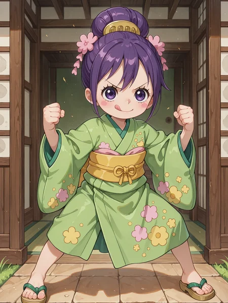 ultra-detailed, ultra-detailed background, ultra-detailed eyes, hair between eyes, 1girl, <lora:Tama_Kurozumi_-_One_Piece__Illustrious:0.8>, child, purple hair, shimada hairstyle, hair bun, purple eyes, eyelashes, one piece wano style, hair ornaments, pink cheeks, green kimono, yellow sash, patched kimono, japanese sandals, loose clothes, standing, fighting stance, spread feet, detailed toes, v-shaped eyebrows, licking lips, clenched hands, <lora:hand 5.5_903007:0.1>, well-defined fingers, ultra-detailed fingers, <lora:illustriousXL_stabilizer_v1.7_1135253:0.1>, <lora:spo_sdxl_10ep_4k-data_lora_webui_482964:1>, <lora:Hyper-SDXL-8steps-lora:0.5>, <lora:add-detail-xl:1>, general, masterpiece, best quality, amazing quality, very aesthetic, absurdres,