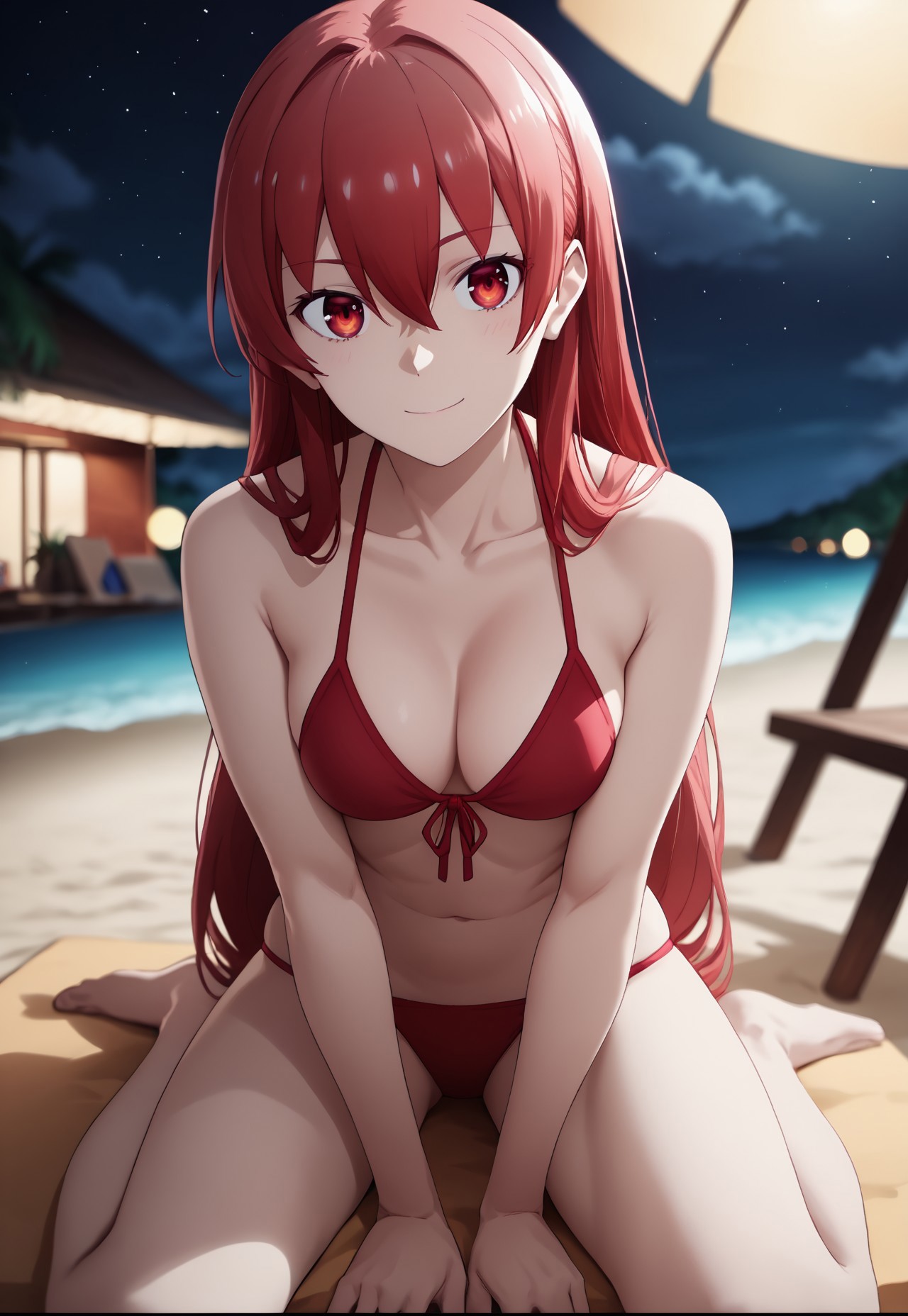safe_pos, score_9, score_8_up, score_7_up, source_anime, looking at viewer, depth of field, 1girl, 18 year old, solo, red hair, red eyes, long hair, hair between eyes, bangs, night, light smile, red eyeframe, full body shot, bikini, swimsuit, sitting near a beach alone, beautiful night