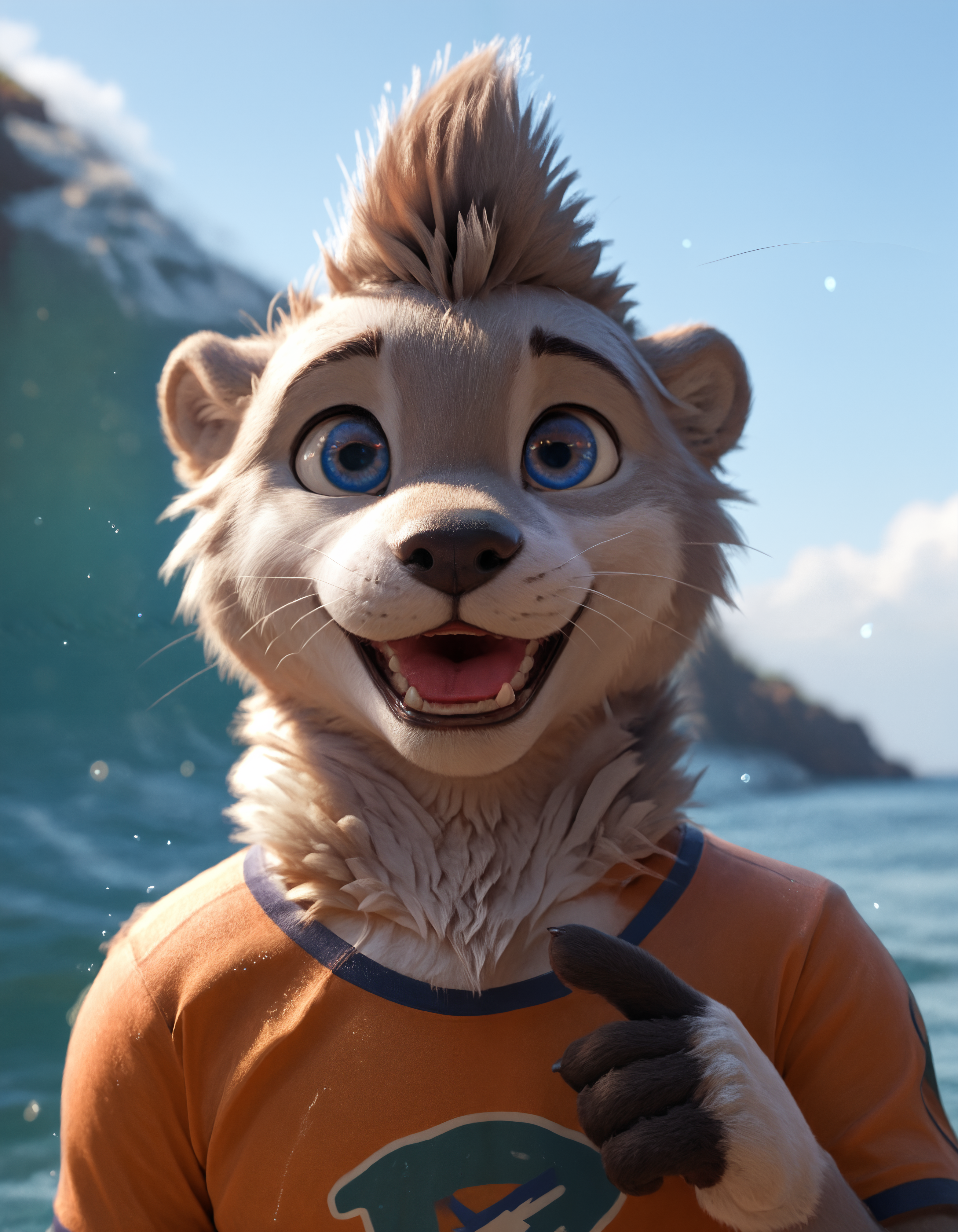 score_9, score_8_up, score_7_up, BREAK rating_safe,  detailed, cinematic lighting, hdr, particles, masterpiece, best quality, ultra realistic, 4k, 2k, film photography, RAW photo, photorealistic, analog style, subsurface scattering, photorealism, fluffy fur, detailed fur, <lora:add-detail-xl:3.0>, <lora:2.5DRealisticV2.safetensors:0.25>, <lora:sinfully_stylish_SDXL.safetensors:1.0>,  <lora:AdvancedEnhancerXLv2.safetensors:1.0>, dutch angle, (detailed background:1.1), <lora:olive_xylious-10.safetensors:1.0> olive_xylious, anthro, male, solo, male focus, 1boy, clothing, orange shirt, furry, furry male, otter, fur, tail, hi res, blue eyes, :3, upper body, close up, looking at viewer, hand greeting, pawpads, palm forward, wave, hand up yawning, black stripes
