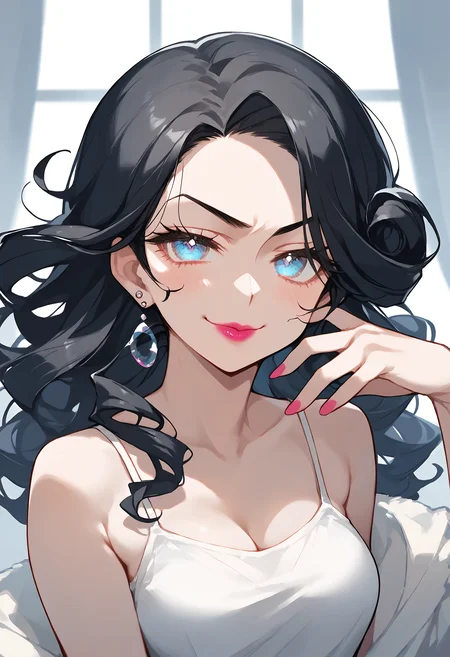 score_9, score_8_up, score_7_up, score_6_up, score_5_up, score_4_up, source_anime, 1girl, portrait, black hair, long hair, curly hair, neon pink lipstick, large eyes, white camisole, small breasts, smug, bedroom, <lora:Sinozick_Style_XL_Pony:0.3> sinozick style, flat colors,<lora:amazuyu-tatsuki-Style-PonyXL-000050:0.65> <lora:Smooth Anime Style LoRA XL:0.8> <lora:add-detail-xl:1> <lora:age_slider_v4:2>