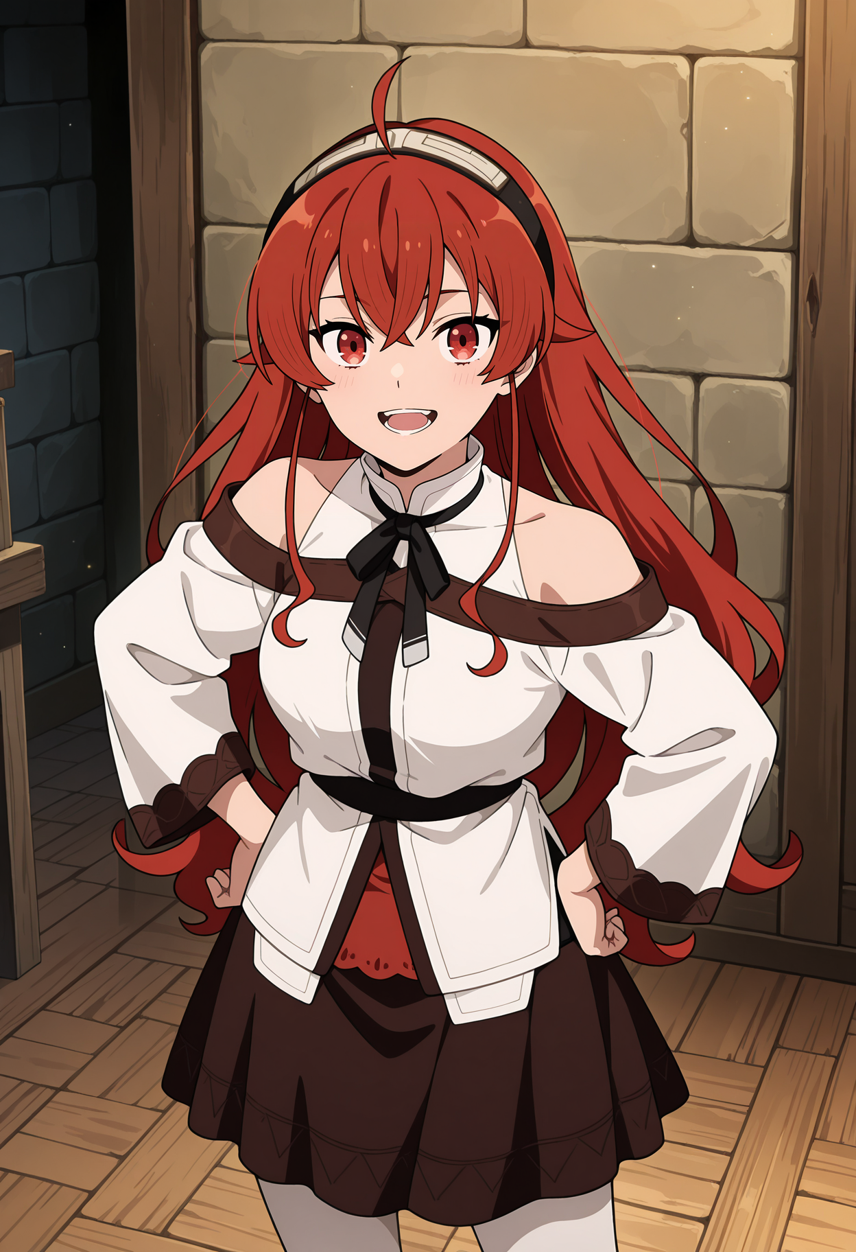 anime screencap, masterpiece, best quality,
<lora:MushokuTensei_ErisBoreasGreyrat_IlluXL:0.9>,
1girl, solo, open mouth, light smile, teeth,
red hair, long hair, crossed bangs, ahoge, red eyes, black hairband,
ErisDress, neck ribbon, black ribbon, blouse, off-shoulder shirt, untucked shirt, white shirt, red undershirt, bare shoulders, long sleeves,
medium skirt, dark brown skirt, white pantyhose,
aged up,
looking at viewer, standing, hands on own hips,
indoors, medieval, wooden floor
