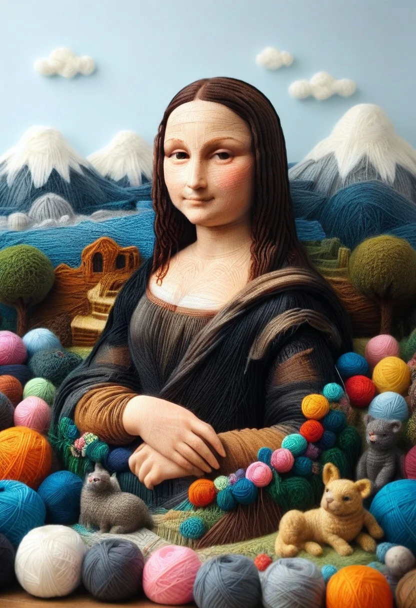 yrnwrld, made of yarn, high quality,masterpiece,absurdres,incredible composition,extremely detailed, Mona Lisa