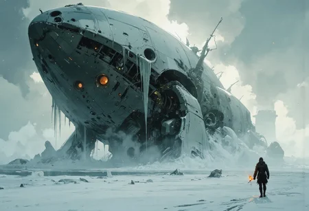 famous artwork, masterful painting, oil on canvas, traditional media, epic scenery, rule of thirds, There are the ruins of half of a massive mysterious spacecraft sticking out of the snow in the arctic tundra, it is destroyed and has been sitting there for hundreds of years and is part of the ice now, ice is creeping up the frozen steel and the wind is blowing strong and snow is blowing, there is a single figure standing facing the craft, they look small walking towards the spacecraft, they are holding a flaming torch, this image should feel cold and alien in the stark scenery of the arctic, moody, heavy snow falling, thick fog,