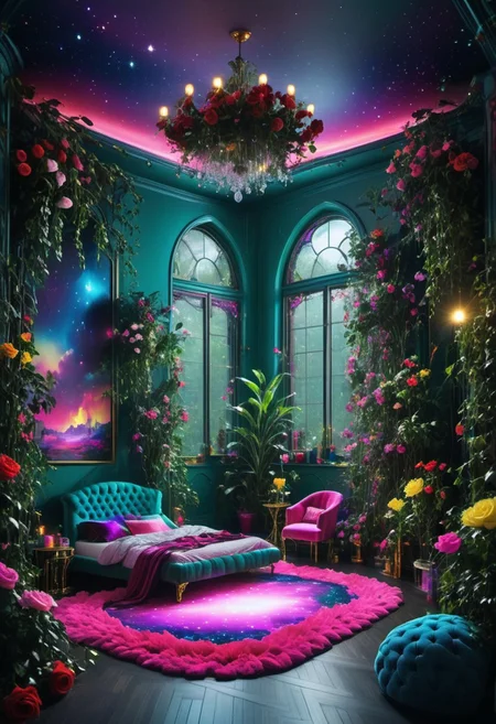 Light mood masterpiece photography, realistic, realistic photograph, inside bedroom, gaudy, Lisa Frank inspired, Lisa Frank colors, colorful eyeshadow, flowers, indoor garden, rock n roll, Ramones, Led Zeppelin, Aerosmith, maximalism, green and blue and pink, purple, in bedroom, soft rug, neon rug, bedroom like bedroom from Howl's Moving Castle