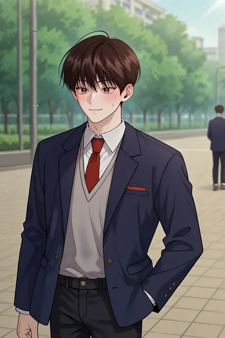 score_9, score_8_up, score_7_up,score_6_up,score_5_up,score_4_up,source_anime,BREAK, rating_safe, intricate details , , , anime screencap, anime coloring, official style, depth of field,1boy, solo, male focus , , , <lora:yo_il:0.73>,won yo il,dark brown hair,brown eyes,short hair,shirt,blush, long sleeves, closed mouth, standing, jacket, school uniform,smile, white shirt, necktie, collared shirt,pants, blurry, sweatdrop, looking to the side, blurry background, black pants,blazer, red necktie,grey sweater vest,school , , , <lora:sdxl_lightning_8step_lora_315544:1>