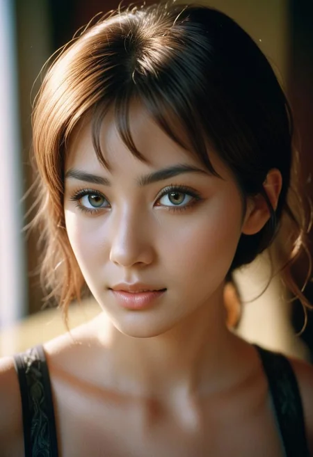 (masterpiece, best quality, high resolution:1.2), cinematic lighting, coherent light, coherent shadows, depth of field, highres, 35mm photograph, film grain, film stock photograph ,kodak portra 400 ,camera f1.6 lens , rich colors , hyper realistic , lifelike texture, detailed face, detailed eyes, detailed skin, extremely detailed, intricate details, (1girl, 21 years old), solo, realistic, brown hair, short hair, smile, shirt, shorts, from side, small breasts
