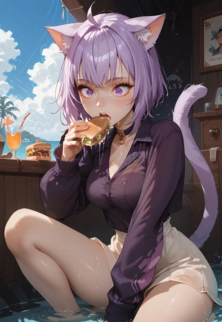 score_9, score_8_up, score_7_up, c3l3st3n01r, CelesteNoir, source_anime, zPDXL3, 1girl, solo, ((wide open mouth, wide eyes:1.3), eating a sandwich, hololive), okayuBase, short hair, purple eyes, purple hair, cat ears, cat tail, ahoge, skindentation, one foot up, barefoot, smooth image, cute, petite, slim, skinny, slender, soft lights, leaning on one knee, soft shadows, shiny skin, thin waist, Expressiveh, side view, (dripping wet, crystal clear water, partially submerged:1.1), cat paw flag on mast, pirate ship with cat paw flag in background, tropical island, 