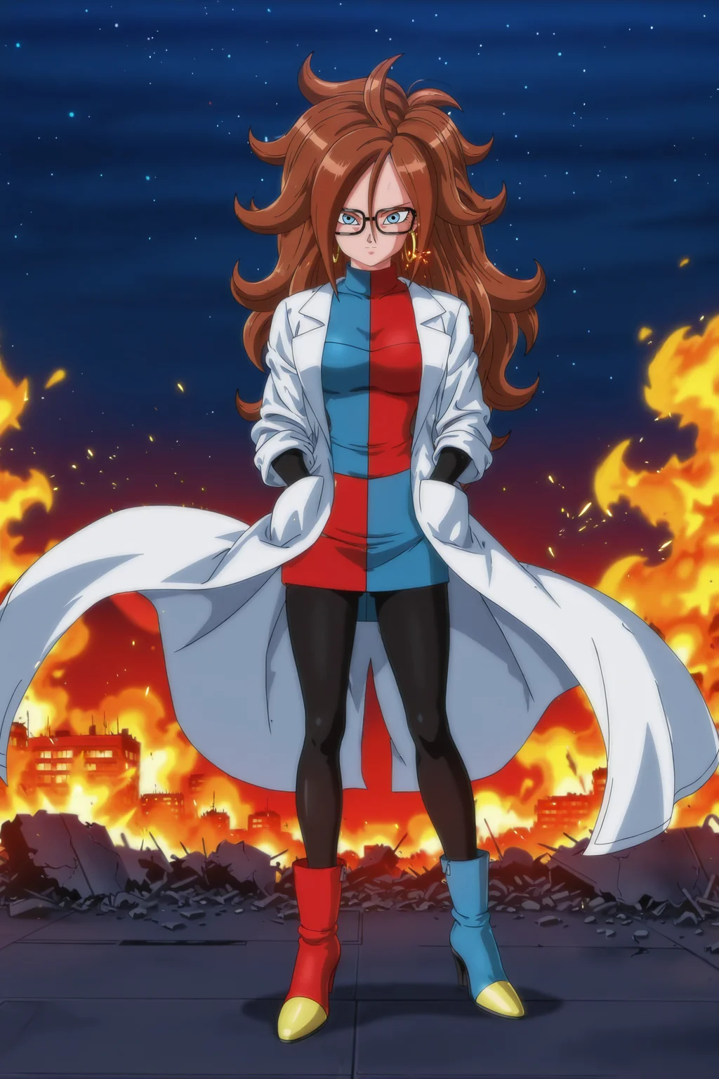 anime screencap, absurdres, high quality, official style,
android 21, human, 1girl, solo, long hair, breasts, looking at viewer, blue eyes, brown hair, dress, medium breasts, closed mouth, standing, full body, pantyhose, boots, glasses, high heels, black pantyhose, red footwear, black-framed eyewear, hoop earrings, hands in pockets, labcoat, checkered clothes, asymmetrical footwear, mismatched footwear, checkered dress, red and blue checkered dress, red and blue high heel boots destruction, sparks, rubble, burning building, building destruction, night, red hue, sparks,, star \(sky\), night sky,
<lora:Android_21_IL:0.8>