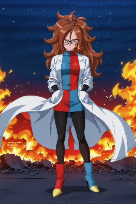 anime screencap, absurdres, high quality, official style,
android 21, human, 1girl, solo, long hair, breasts, looking at viewer, blue eyes, brown hair, dress, medium breasts, closed mouth, standing, full body, pantyhose, boots, glasses, high heels, black pantyhose, red footwear, black-framed eyewear, hoop earrings, hands in pockets, labcoat, checkered clothes, asymmetrical footwear, mismatched footwear, checkered dress, red and blue checkered dress, red and blue high heel boots destruction, sparks, rubble, burning building, building destruction, night,  red hue, sparks,, star \(sky\), night sky,
<lora:Android_21_IL:0.8>