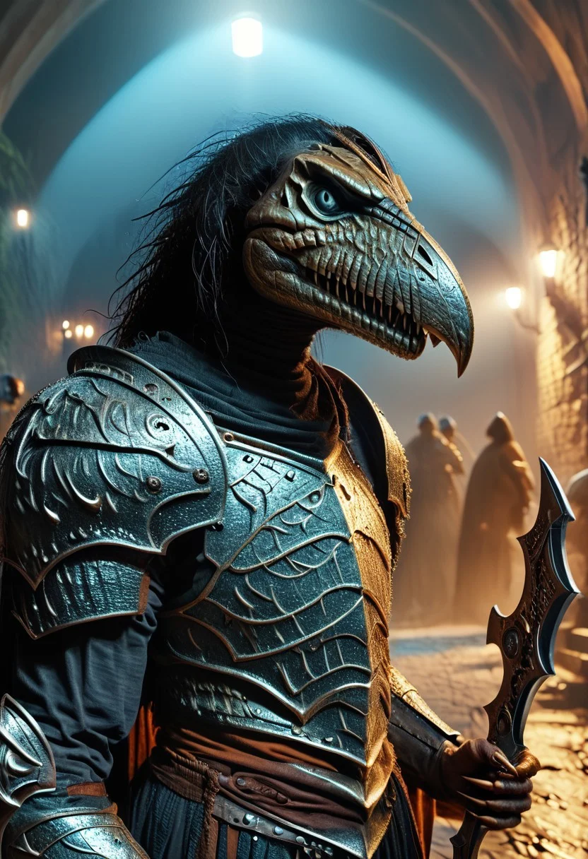 score_9, score_8_up, score_7_up, skeksis, solo, 1boy, claws, bulky, strong, no humans, (dark armor, shoulder armor, helmet, holding weapon:1.7), upper body, dark body, (realistic lighting, photo, photorealistic:1.7), angry, castle background, fighting pose