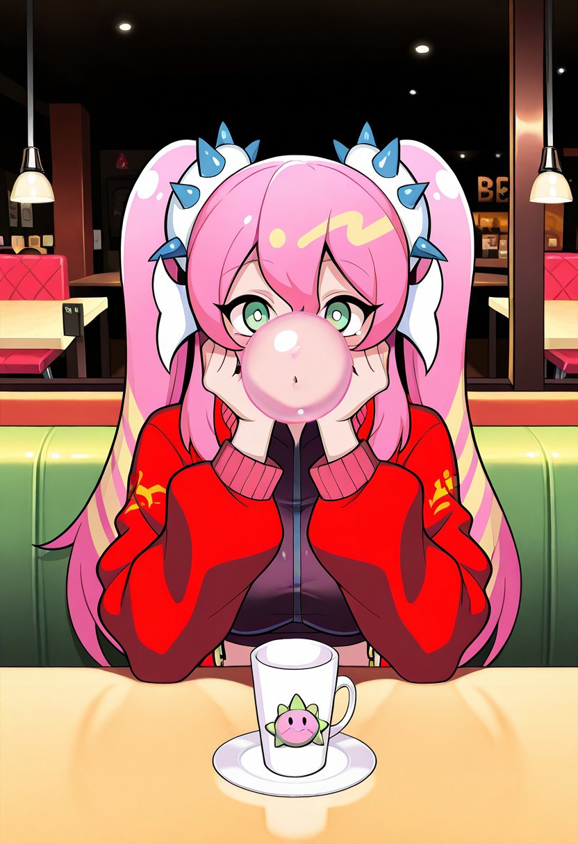 1girl, LiveTwinKi-sikilYu-Gi-Oh, general, solo, pov dating, straight-on, long hair, pink hair, twintails, large breasts, spike, red jacket, open jacket, crop top, dating, sitting, looking at viewer, face in hands, restaurant, table, cup, <lora:kp_LiveTwinKi-sikilLil-laYu-Gi-OhIllustrious_v1_0:1.0>, masterpiece, best quality, amazing quality, (( blowing pink bubblegum  )),