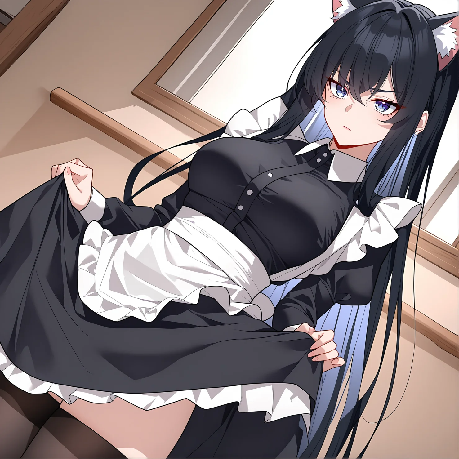 masterpiece,best quality,newest,absurdres,highres,safe,<lora:noobai_ep11_stabilizer_v0.138_fp16:1>,1girl,black hair,wei_nan,<lora:wei:1>,standing,standing,maid,cat ears,skirt lift,thighhighs,front view,