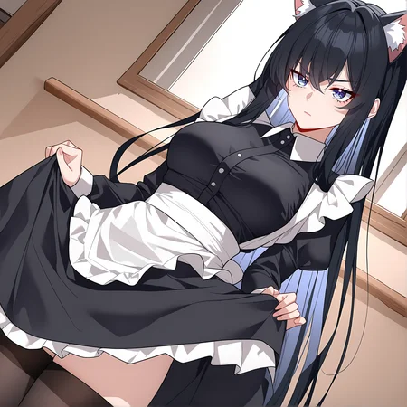 masterpiece,best quality,newest,absurdres,highres,safe,<lora:noobai_ep11_stabilizer_v0.138_fp16:1>,1girl,black hair,wei_nan,<lora:wei:1>,standing,standing,maid,cat ears,skirt lift,thighhighs,front view,