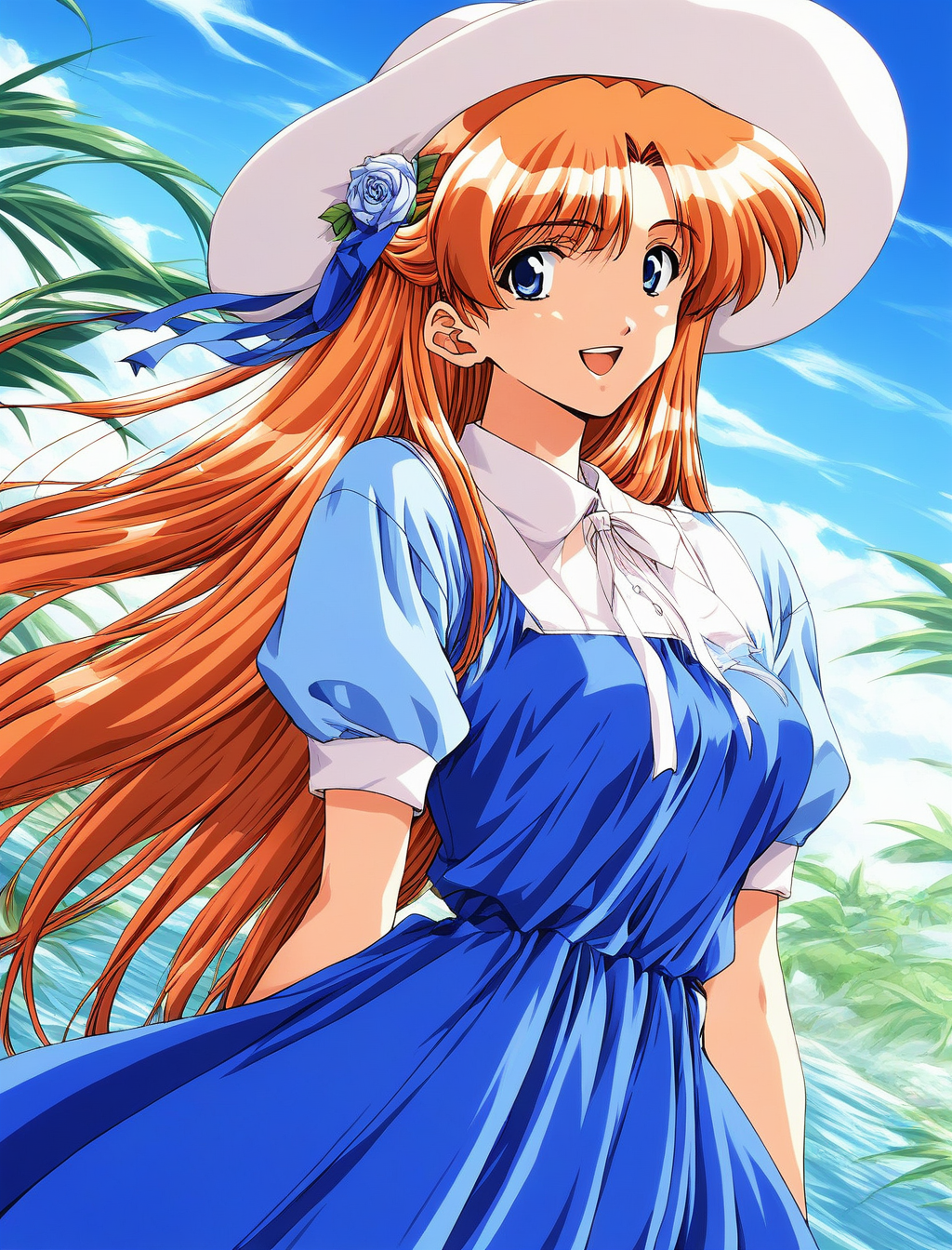 score_9, score_8_up, score_7_up, source_anime, rating_explicit, BREAK  <lora:Kobayakawa_Mizuho_XL:1> Kobayakawa_Mizuho, blue eyes, very long hair, orange hair, 1990s (style), bangs, breasts, 
1girl, solo, hat, sun hat, dress, short sleeves, flower, 1990s (style), hat flower, 
blue dress,  looking at viewer, open mouth, ribbon, cowboy shot, light smile.
looking at viewer, sky, outdoor,