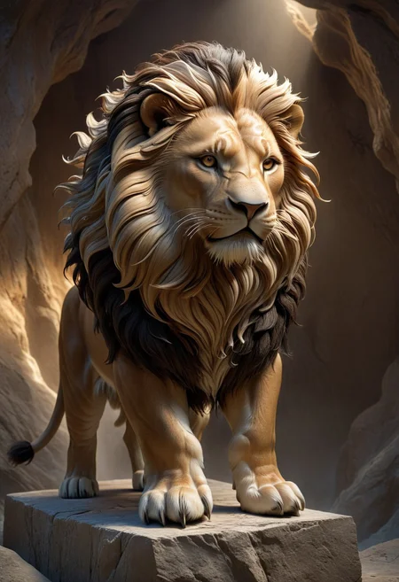 3D render of a majestic lion sculpture, hyper-realistic, intricately detailed fur, powerful stance, dramatic lighting, by Robert Kondo and Paul Komoda, high resolution, polished marble texture, museum quality display, showcasing strength and grace, with a naturalistic background.
3d-rendering, concept-art, digital, dreaminess, futuristic, multimedia, sculpture, virtual-reality
concept-art, awesome full color, fantasy, epic, majestic, magical, dreamy, perspective, light and shadow, moody, epic,
beautiful, painterly, aesthetic, textural, vivid, vibrant, intricate details, highly detailed, ultra-detailed, absurdres,
aidmamj6.1, WhiteMold
