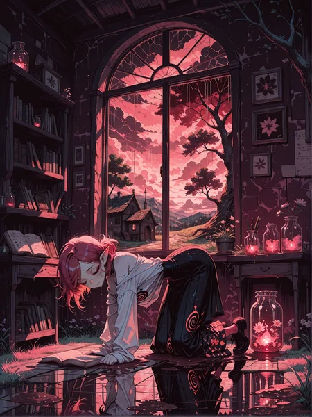 masterpiece,best quality,amazing quality,, re4lity_sync_illu, Sinozick_illu, LeIsT0_illu, 1girl, (solo:1.4), (cute, adorable, kawaii:1.2),
 soft lighting, shadows, harsh shadows, Chiaroscuro Lighting, twilight,, light theme, surreal, light red theme, (interior,:1.1)
1girl, (solo:1.4),    swept bangs, closed eyes,  teen, looking at viewer,  burgundy hair, Magenta hair, ,thin, skinny, petite,  shoes,   pointy ears, freckles, full body freckles,  (cyans skin, colored skin,:1.4) colored legs,  on all fours, all fours, legs together,, flexing,  dynamic pose,
circle print,  
  antique long skirt,
baggy clothes, oversized clothes, off shoulder, 
 rain, wet, water, reflective mosaic floor, bambo, colored leafs, colored grass, grass, sky, clouds,  storm clouds,    console, mud, village, road, obblestone path   stone mosaic floor, runed tree, flowers, wildflower field, grass, colored sky, colored clouds, room, alchemy lab, walls, shelves, glass vials, jars with glowing liquids, workbenches, tools, books, open book, crystals, symbols, large stained glass window, mortars and pestles, shelves stacked, ladder,  futuristic architecture, spiral castles, tatami, walls, furniture, 
<lora:NOOB_vp1_detailer_by_volnovik_v1:2> <lora:add-detail-xl:2> <lora:Sinozick_style:0.3> <lora:LineArt Grey [LoRA] - Illustrious-XL v0.1:0.3> <lora:LeIsT0_style:0.2> <lora:- iLL - the_edgy_mech_V2.0-:0.2> <lora:ck-shadow-circuit-IL:0.2> <lora:illustrious_very_aesthetic_v1:0.2> <lora:cutesexyrobutts_style_illustrious_goofy:0.2> <lora:OldAnimeStyle_XL_v3:0.2> <lora:xl_more_art-full_v1:0.4> <lora:ponyv6_noobE11_2_adamW:0.4> <lora:Dark_Ghibli:0.6>  <lora:style4:0.2> <lora:wasabi_natsume_style_r1:0.2> wasabi_natsume_illu, <lora:spo_sdxl_10ep_4k-data_lora_webui:0.2> <lora:Karlanan_Style:0.2>