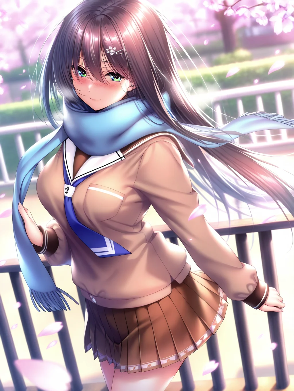 (masterpiece,best quality,ultra_detailed,highres,absurdres:1.2,amazing quality,very aesthetic),<lora:Himiyama Rei  ilxl_v1-000012:0.8>,1girl, long hair, solo, green eyes, floating hair, skirt, hair ornament, scarf, outdoors, pleated skirt, brown skirt, school uniform, hair between eyes, sailor collar, blue scarf, long sleeves, cherry blossoms, smile, brown shirt, looking at viewer, miniskirt, brown hair, very long hair, blush, closed mouth, blurry, petals, shirt, standing, rei\(Amakano 2\), (masterpiece,best quality,ultra_detailed,highres,absurdres:1.2,amazing quality,very aesthetic),Smooth Negative,