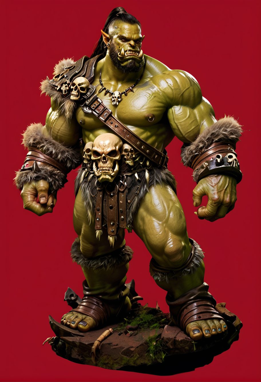 red background,,ruanyi0781,orc,monster boy,green skin,beard,full body,no humans,skull,
<lora:0781 Grommash Hellscream_v1_pony:1>, score_9,score_8_up,score_7_up,,8k,1girl,solo,,