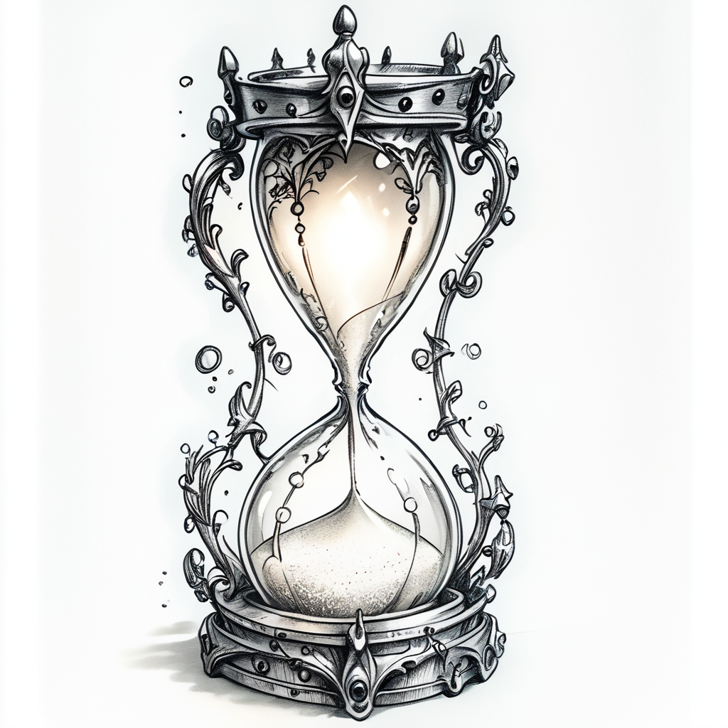 ArsMJStyle, Whimsical Mechanica, Line Drawing, The image is a black and white illustration of an hourglass. The hourglass is in the shape of a traditional hourglass with a round base and a narrow neck. The top of the hourglass has a crown-like design with intricate details and swirls. The base is decorated with a floral pattern and has a small opening at the top. The sand is slowly trickling down from the top chamber to the bottom chamber creating a small amount of sand. The overall style of the illustration is ornate and detailed., monochrome, no humans, white background, greyscale, simple background, bubble, air bubble  <lora:Whimsical_Mechanica_Line_DrawingPony:1>