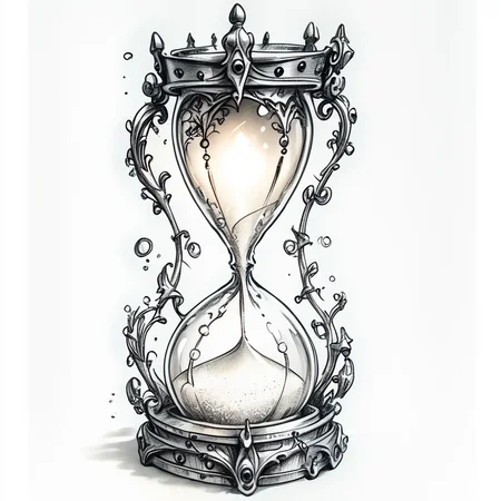 ArsMJStyle, Whimsical Mechanica, Line Drawing, The image is a black and white illustration of an hourglass. The hourglass is in the shape of a traditional hourglass with a round base and a narrow neck. The top of the hourglass has a crown-like design with intricate details and swirls. The base is decorated with a floral pattern and has a small opening at the top. The sand is slowly trickling down from the top chamber to the bottom chamber creating a small amount of sand. The overall style of the illustration is ornate and detailed., monochrome, no humans, white background, greyscale, simple background, bubble, air bubble <lora:Whimsical_Mechanica_Line_DrawingPony:1>