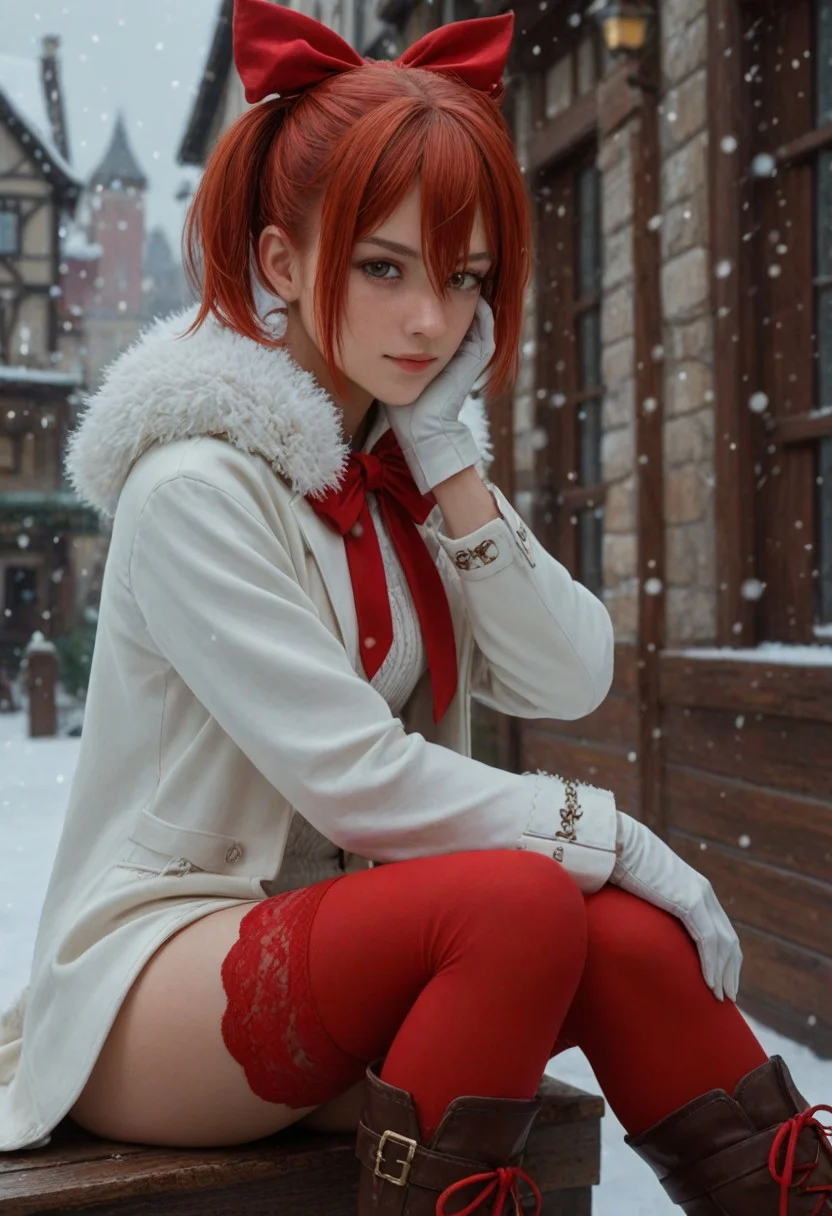 score_9, score_8_up, score_7_up, score_6_up,
1girl, 25 years old, perfect face, (adult), sexy,
dark eyes,
red hair, short hair, short twintails, hair between eyes, hair bow,
fur trim, fur capelet, white coat dress, fur-trimmed dress, red bow, white gloves,
fur-trimmed thighhighs, red thighhighs, knee boots,
sitting, hand on own face, from side, looking at viewer,
snowing, winter, village,