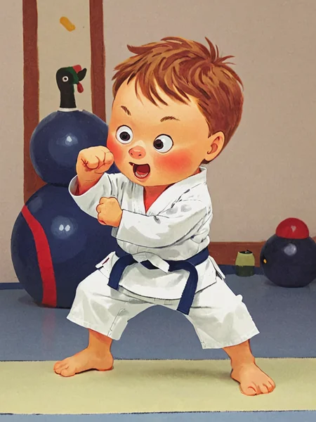 funny little boy, karate training in the gym, art by Richard Scarry
 <lora:Richard_Scarry_Style_XL:1>