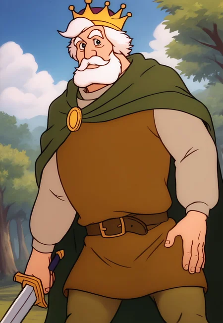 score_9, score_8_up, KingGregor, medium hair, white hair, black eyes, beard, mustache, mature male, muscular, fat, crown, green cape, cotehardie, puffy long sleeves, brown belt, brown leggings, hand on thigh, looking at viewer, smile, dynamic pose, detailed background, dutch angle, upper body, cowboy shot, forest, trees, holding a sword, blue sky, clouds, spread legs, gust of wind,