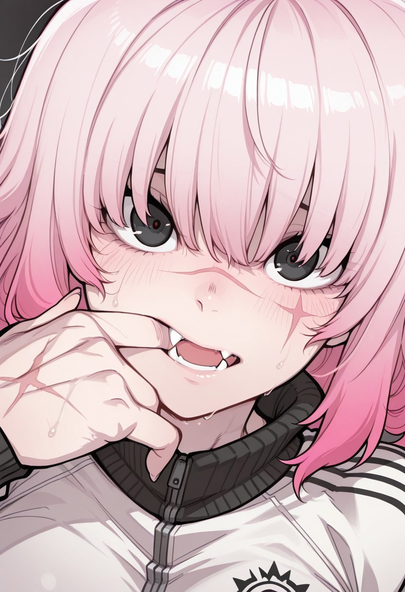darling_darling_style, masterpiece, best quality, 1girl, black eyes, looking at viewer, sport jacket,  muscular female, dynamic angle, eye scar, finger in mouth, fangs, multicolored hair, gradient hair, pink hair, bangs, hair over face, close up, nervous, sweat