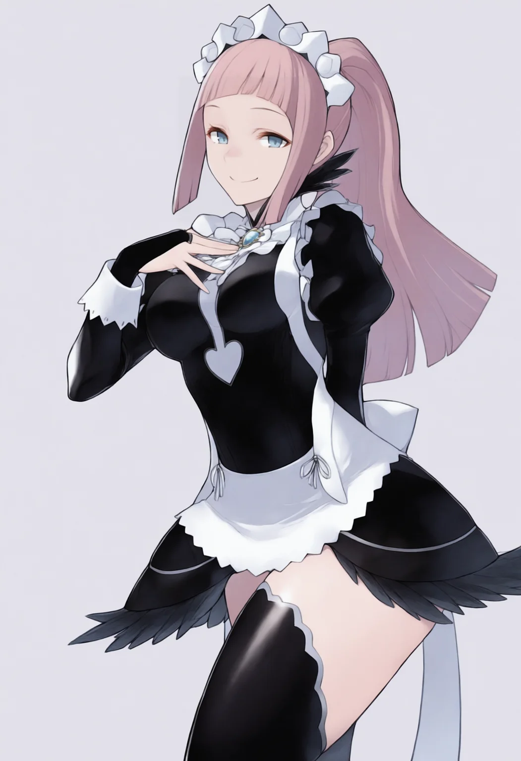 masterpiece, best quality, solo, 1girl, smile, looking at viewer,  <lora:Yasuda-Suzuhito-illus_Fp:1>, simple background, <lora:felicia-fe-richy-v1_ixl:1>, f1cdf, blue eyes, pink hair, long hair, ponytail, sidelocks, blunt bangs, maid headdress, black feathered collar, blue brooch, medium breasts, maid, juliet sleeves, maid apron, bridal gauntlets, black thighhighs, thighs, hand on own chest, arm behind back,