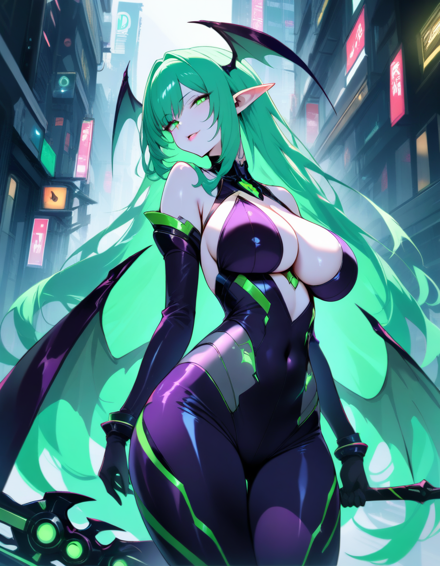 masterpiece,high score,great score,absurdres, a woman in futuristic suit standing on a city street with a sword in her hand and a cityscape in the background,<lora:Mitsu-Cyberpunk:1>,Ai-Mitsu (artist, ai-mitsu),cyberpunk,city, ., 1girl, (Long hair, thick hair, mint-green hair, hair falls freely past her waist with straight, fine texture hair:1), (Emerald green eyes, slightly almond-shaped eyes with a mischievous gaze, sultry gaze:1), (pointy ears subtly peeking through hair:1), (Full mouth, shapely lips often curved in a playful or seductive smile:1), (Sharp face with refined features, high cheekbones, pointed chin, a slightly upturned nose:1),  (Pale and smooth almost porcelain-like skin:1), (Small bat_wings sprout from both sides of her head:1), (Large [leathery bat wings] emerge from her lower back, wings are dark on the outside with a purplish underside:1), (Slender yet voluptuous, very curvy with a narrow waist, wide hips, a full bust:1), (Aura, Radiates a strong, alluring, otherworldly charm â a mix of sensuality, danger, and playful confidence:1), a deep heart-shaped neckline exposing her cleavage, decorated with purple bat motifs