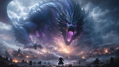 ethereal fantasy concept art of  (((Ultra-detailed, Hyper-realistic, 8k, highres, masterpiece,))),<lora:XL_boss_battle:0.6>,Bosstyle,dark fantasy art style,Mage fighting a giant fantasy dragon,burned village in background,highly detailed,Night,(mystical dense fog),epic scene,(dense smoke by Kim Keever),dark,moody,dark fantasy in style of Frank Frazetta,. magnificent,celestial,ethereal,painterly,epic,majestic,magical,fantasy art,cover art,dreamy,kkw-el-Lightning,kkw-el-fire,<lora:[XL]å·¨å½æ»å:0.45>,giant monster,Style-GravityMagic,