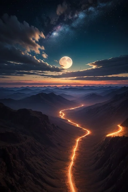 Mountains,forests,full moon, clouds, beautiful sky, night, epic landscape, desolate atmosphere, from above, photorealistic, masterpiece, 64k, UHD, ultra detailed, vivid colors, high quality, sharp focus