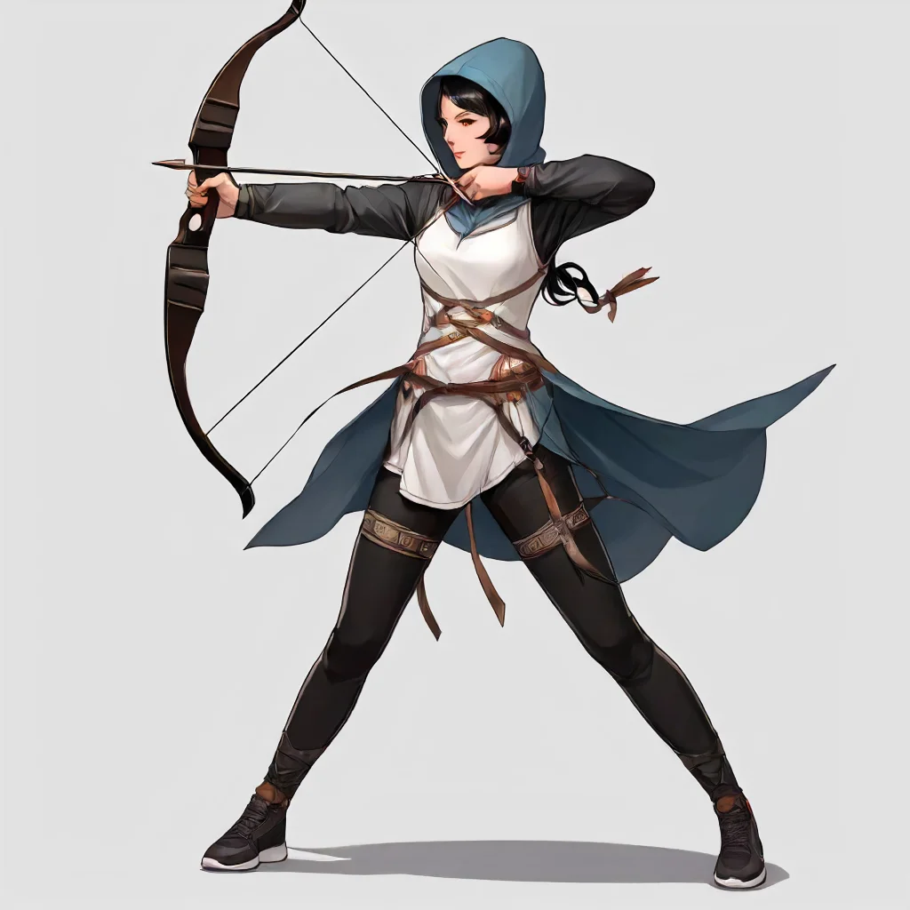 1girl,Bow, recurve bow, solo, short hair, simple background, black hair, long sleeves, 1girl, white background, holding, full body, weapon, male focus, shoes, pants, hood, holding weapon, hoodie, black pants, white footwear, sneakers, bow \(weapon\), arrow \(projectile\), holding bow \(weapon\), aiming, holding arrow, d1 dress, cloth, beautiful eyes, looking to the camera<lora:mergedarchedlora:0.7> restore face