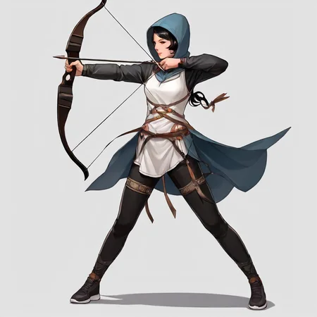 1girl,Bow, recurve bow, solo, short hair, simple background, black hair, long sleeves, 1girl, white background, holding, full body, weapon, male focus, shoes, pants, hood, holding weapon, hoodie, black pants, white footwear, sneakers, bow \(weapon\), arrow \(projectile\), holding bow \(weapon\), aiming, holding arrow, d1 dress, cloth, beautiful eyes, looking to the camera<lora:mergedarchedlora:0.7> restore face