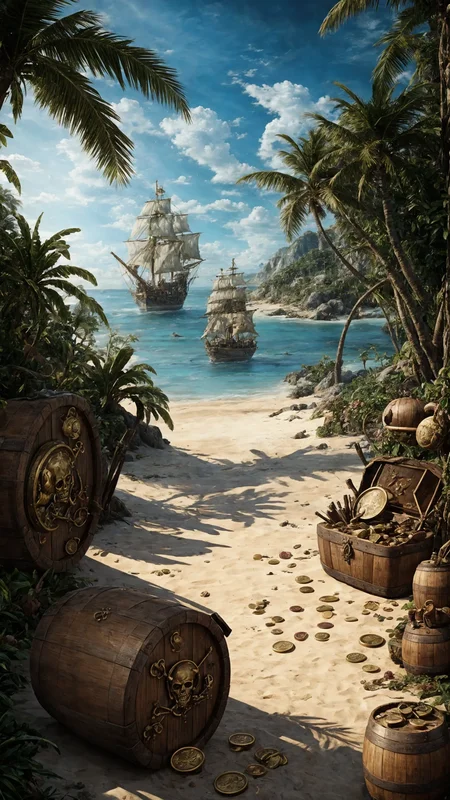 (illustration:1.2), (beautiful caribbean beach pirate landscape), fantasy, sharp focus, (ultradetailed), (ship galleon:1.2), pirate (village), leafy beach coast, (treasure chest with coins, gems and jewels, rum barrel, best quality masterpiece, bright sunny sky, backlight, natural lights, high contrast, hdr, shadows, pretty, beautiful, (PirateDiffusionprt:0.5), <lora:Pirate:0.3> PrateT <lora:PirateRealms:0.3> <lora:Detail Tweaker LoRA add_detail:0.7> <lora:depth_of_field_slider_v1:5> <lora:SDXLrender_v2.0:0.8>