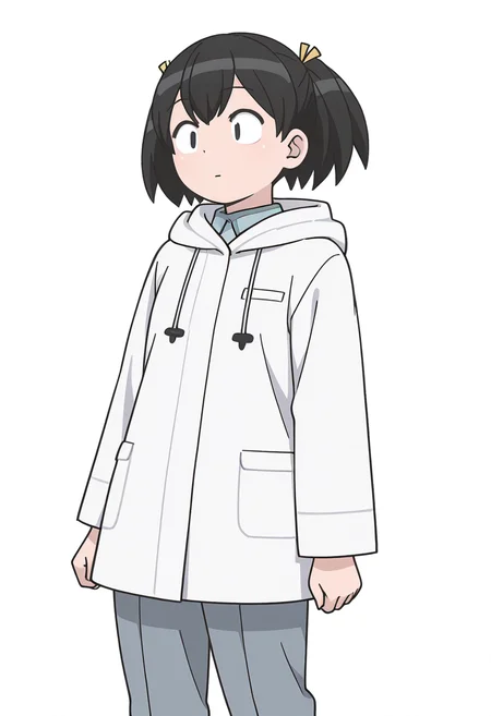 Smooth Quality,masterpiece,very intricate, high quality details, ultra realistic, high detailed skin,detailed enviorement,
simple background, white background,dutch angle,| |,
pleated pants, ,raincoat, ,doctor coat, , <lora:Tadano_Hitomi_cnn:0.8> tadanohitomicnn, 1girl,black hair, short hair, twintails, black eyes, bangs, hair ribbon,