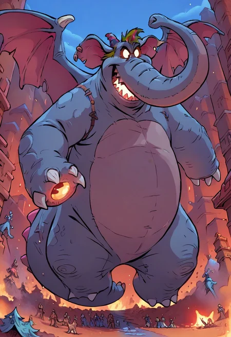 (score_9 | score_8_up | score_7_up) ((masterpiece:1))(best quality,very high quality,ultra detailed:1.2) (2D,cartoon style,anime style)(Smooth:2)(clean blurring) (four fingers on each hand,one thumb on each hand:1),
Abu elephant, elephant, solo, brown hair, grey skin, black eyes, trunk, trunk nose, elephant trunk, elephant ears, wearing a blue dragon costume, Dragon costume, giant, monster, final form, sharp teeth, claws, spikes, horn, wings, tail, glowing, glowing eyes, full body