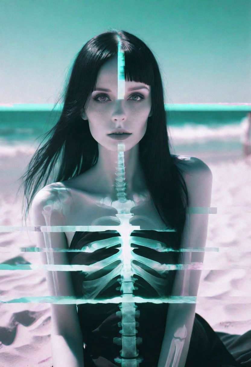hyper realism, IR photo, light leaks, (split screen overlay , x-ray view:1.3), double exposure, (glitched image:1.2), a glitched out beautiful goth model relaxing on a sunny beach, pixelation, sinusoidal distortions, screen tear, post modern deconstruction, molecular view, vibrational spiral signals, (overlay, split screen image:1.1), abstractions, experimental, professional, highly detailed, thought-provoking masterpiece