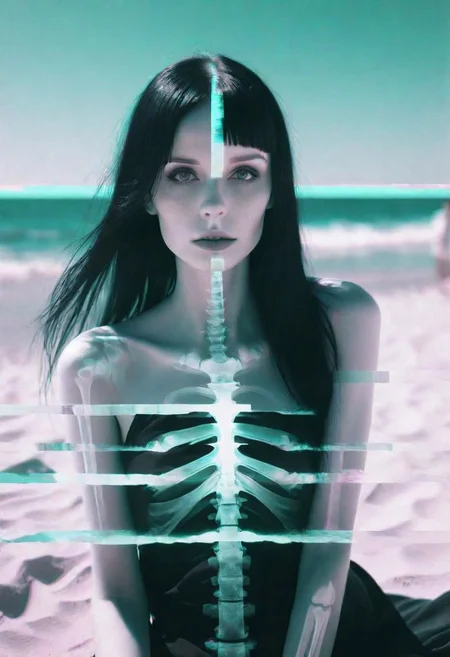 hyper realism, IR photo, light leaks, (split screen overlay , x-ray view:1.3), double exposure, (glitched image:1.2), a glitched out beautiful goth model relaxing on a sunny beach, pixelation, sinusoidal distortions, screen tear, post modern deconstruction, molecular view, vibrational spiral signals, (overlay, split screen image:1.1), abstractions, experimental, professional, highly detailed, thought-provoking masterpiece