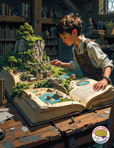 A young person in a dimly lit attic flips through an enormous, ancient book resting on a wooden desk. Instead of words, the pages reveal small, three-dimensional dioramas of different worlds, each one shifting as the reader moves their gaze. Tiny oceans ripple, forests sway in the wind, and miniature figures walk along their tiny streets, unaware of the giant observer above. The child leans in closer, their breath causing a ripple across the delicate landscape, as if bridging the gap between reality and fiction.