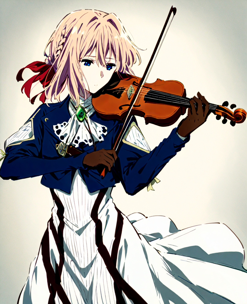 <lora:xtq:0.7>,violin,instrument,playing instrument,holding,bow \(music\),holding instrument,<lora:Vincent_Sketch_Manga:1>,daiton,<lora:èå°èç¹XLV1.F1mb:1>,aave,braid,hair ribbon,red ribbon,jewelry,white ascot,brooch,blue jacket,long sleeves,brown gloves,white dress,long dress,, masterpiece,best quality,very aesthetic,absurdres,8k,<lora:ä¿®æsl:1>,