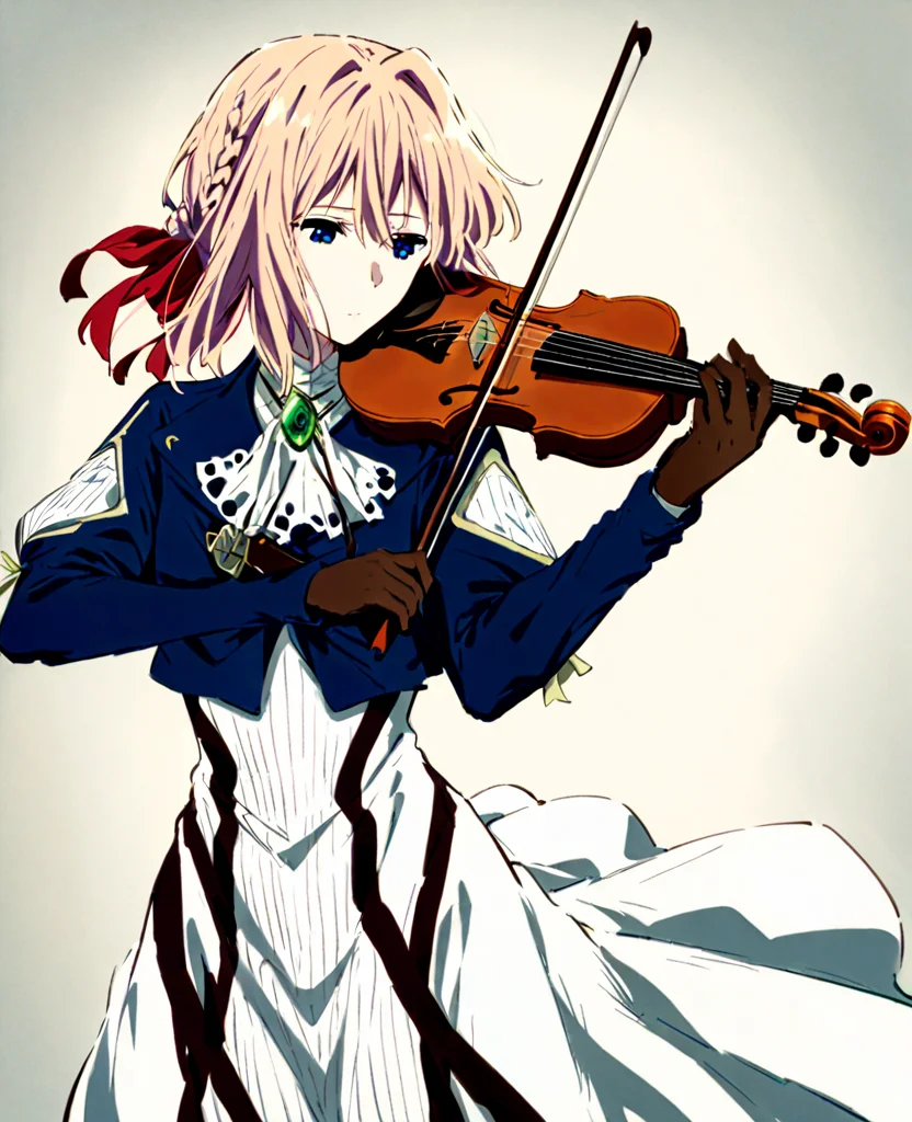 <lora:xtq:0.7>,violin,instrument,playing instrument,holding,bow \(music\),holding instrument,<lora:Vincent_Sketch_Manga:1>,daiton,<lora:èå°èç¹XLV1.F1mb:1>,aave,braid,hair ribbon,red ribbon,jewelry,white ascot,brooch,blue jacket,long sleeves,brown gloves,white dress,long dress,, masterpiece,best quality,very aesthetic,absurdres,8k,<lora:ä¿®æsl:1>,
