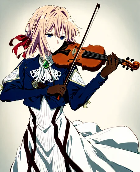 <lora:xtq:0.7>,violin,instrument,playing instrument,holding,bow \(music\),holding instrument,<lora:Vincent_Sketch_Manga:1>,daiton,<lora:èå°èç¹XLV1.F1mb:1>,aave,braid,hair ribbon,red ribbon,jewelry,white ascot,brooch,blue jacket,long sleeves,brown gloves,white dress,long dress,, masterpiece,best quality,very aesthetic,absurdres,8k,<lora:ä¿®æsl:1>,
