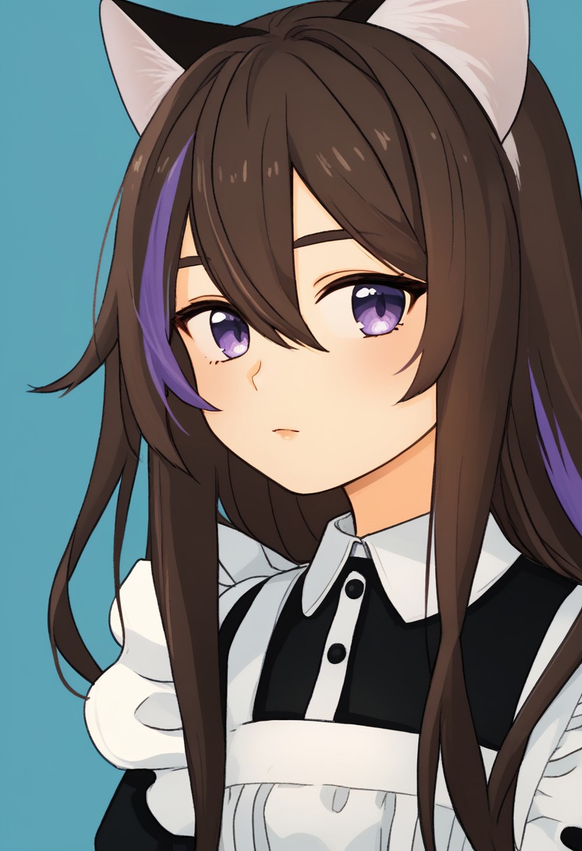 score_5_up, 1girl, solo, purple eyes, brown hair, long hair, hair between eyes, multicolored hair, two-tone hair, purple highlights, maid, black and white maid dress, animal ear, cat ears, upper body, portrait, looking at viewer, blue background